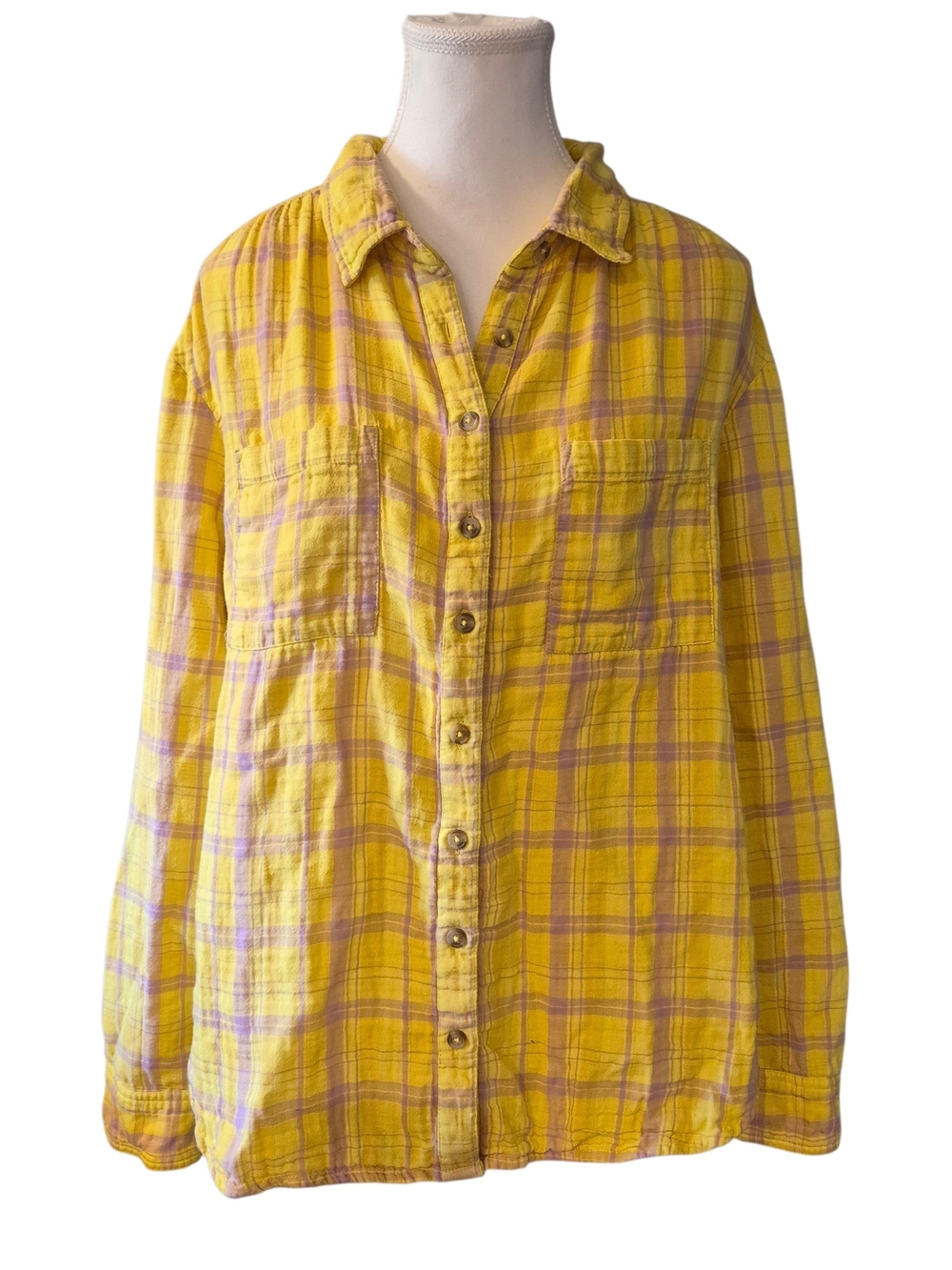 Yellow Plaid Button-Down Shirt with Chest Pockets